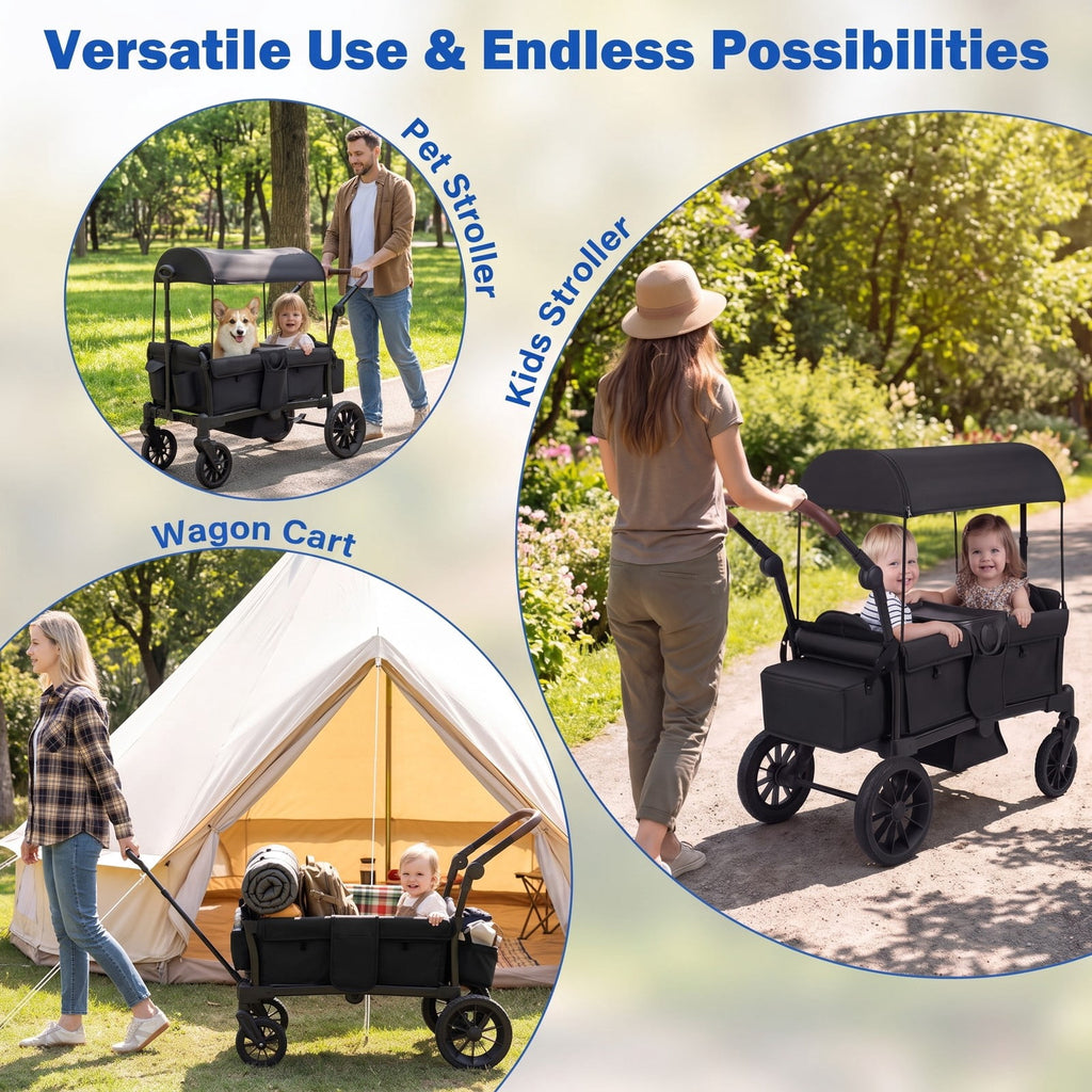 Airfind Foldable Wagon Stroller for 2 Kids Double Seater Toddler Stroller with Removable Canopy, 55 lbs Capacity, for 6-36 Months Old, Black