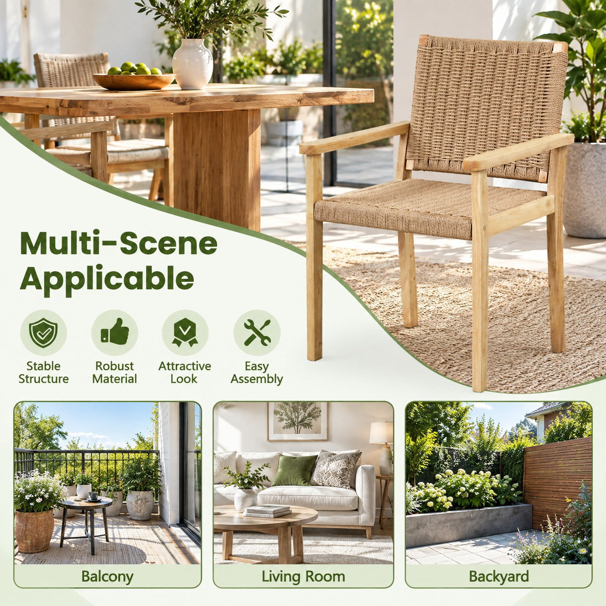 AIRFIND Dining Chairs Set of 2 with Woven Paper Rope Seats, Rubberwood Frames, Armrests and Foot Pads, 18.5 in Seat Height, Natural