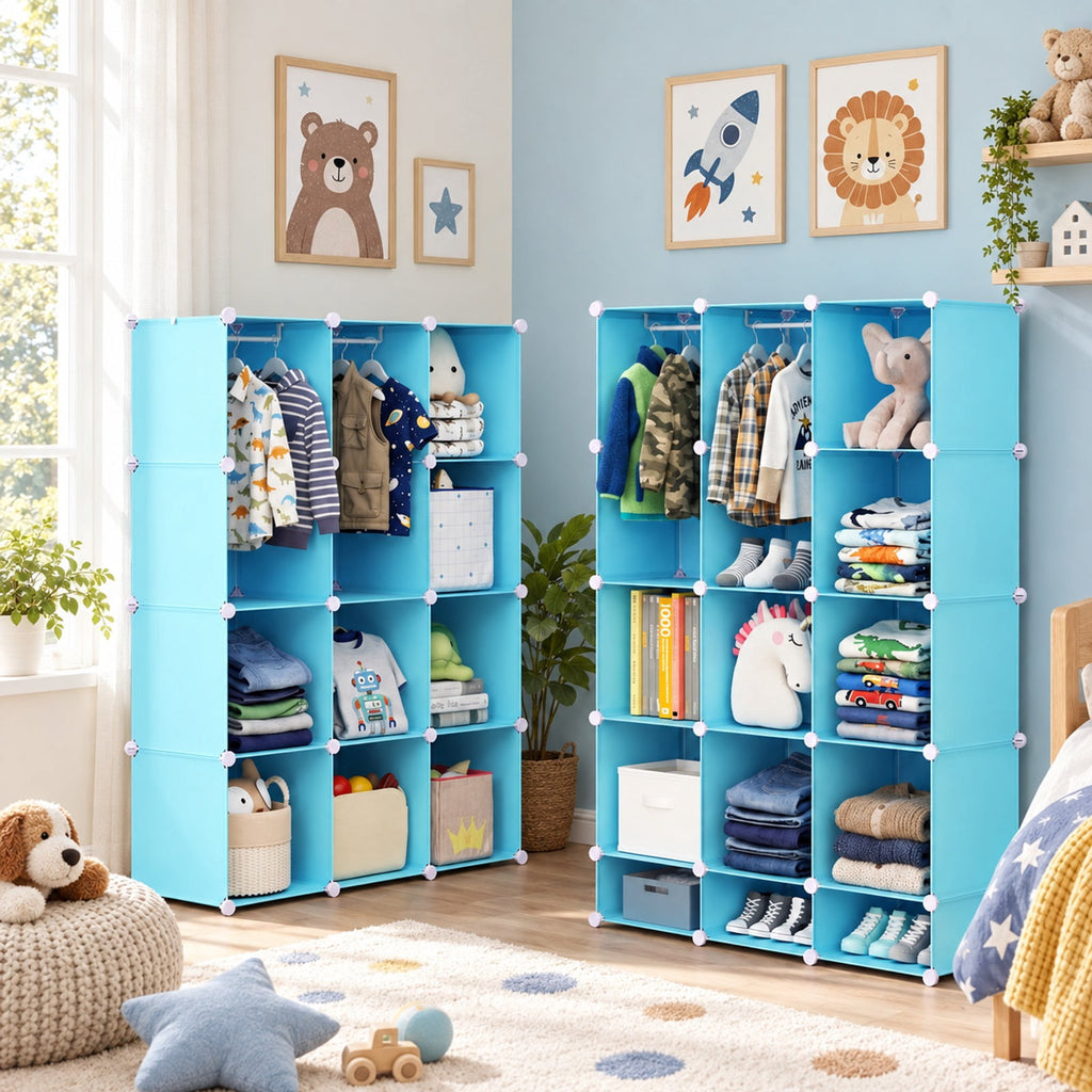 Airfind Modular Baby Wardrobe with 13 Cubes and Hanging Rod and Shelves Stackable, 6.5 lbs Capacity, PP Frame, 43 x 14 x 63 Footprint, Blue