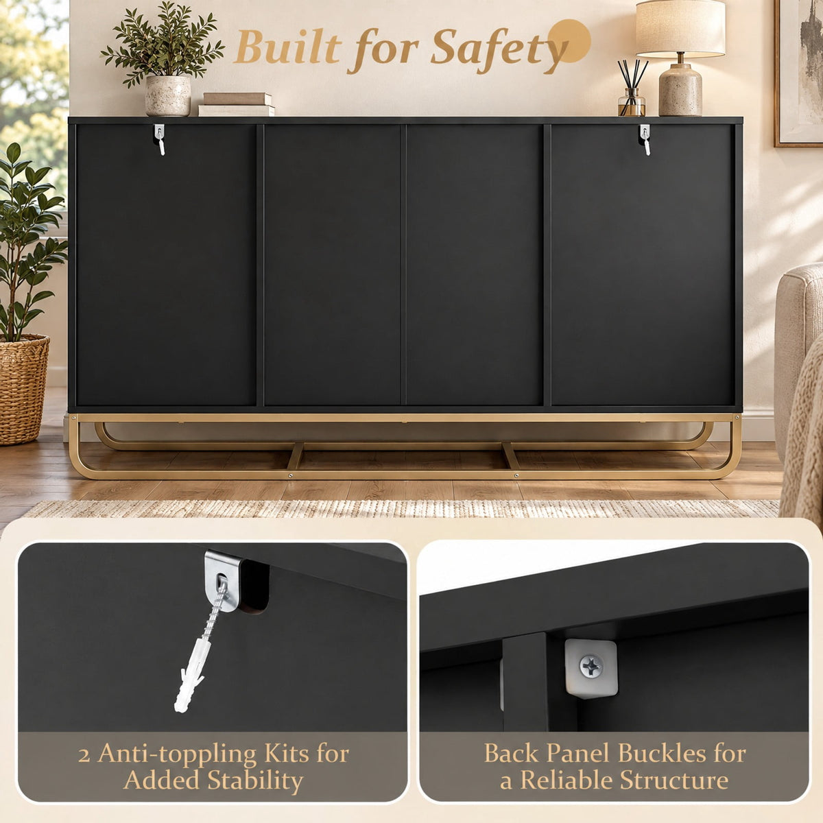 Airfind Modern Buffet Sideboard Cabinet w/ 2 Drawers Adjustable Shelves for Dining Room, 176 lbs Capacity, Engineered Wood Metal Frame, Black