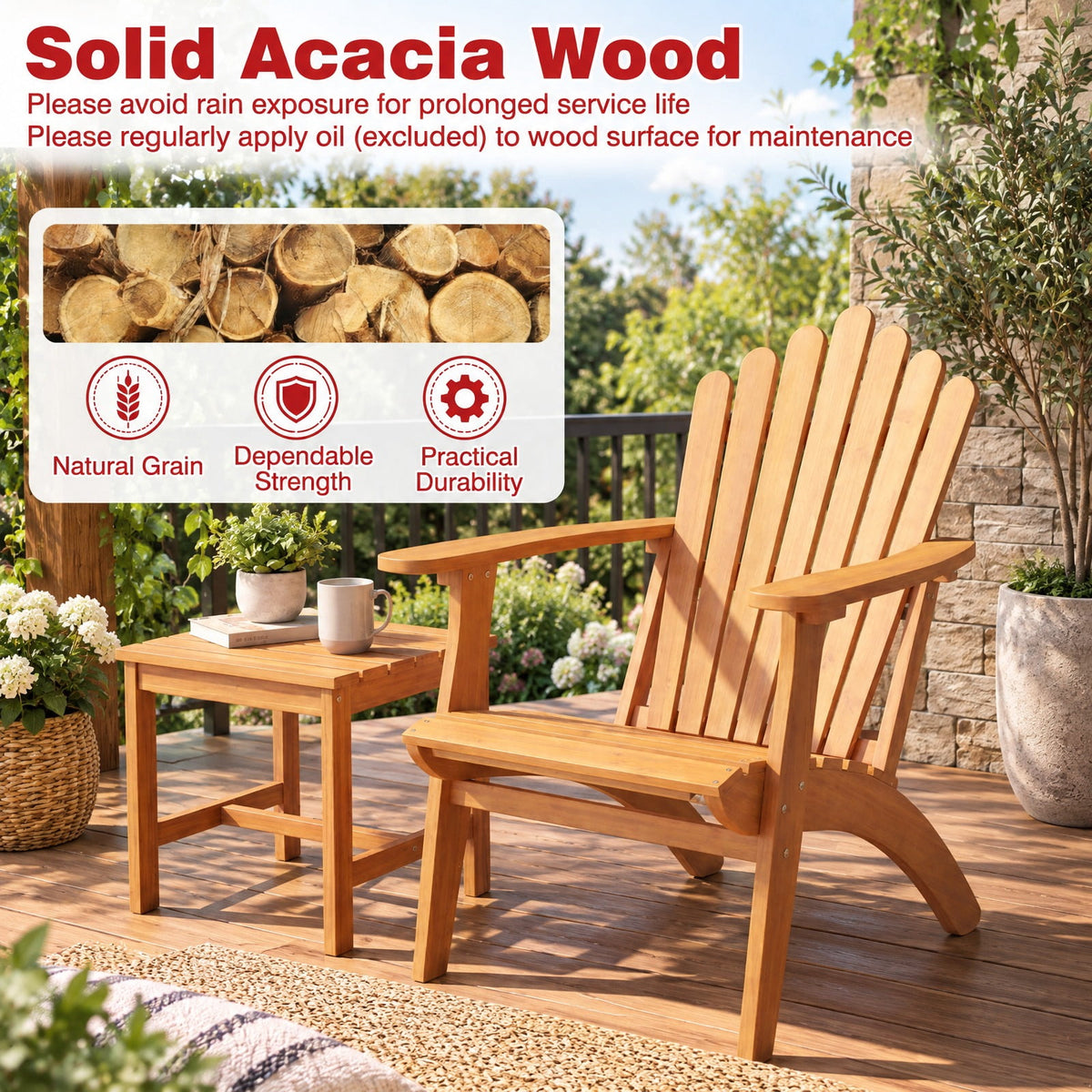 Airfind Acacia Wood Outdoor Patio Chair with 400 lbs Weight Capacity, 400 lbs Capacity, Acacia Wood Frame, 26.5 x 31.5 x 35 Footprint, Natural