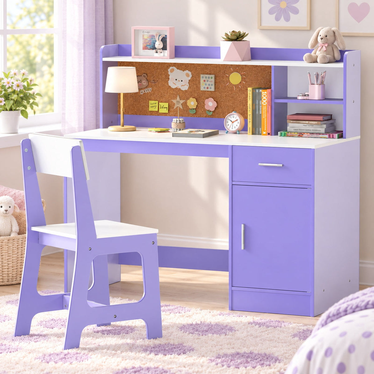 Airfind Youth Study Desk and Chair Set Student Table and Chair, 132 Lbs Capacity, Mdf, for 3 and Years Old, 43 Inch X 19 Inch X 39.5 Inch, Purple