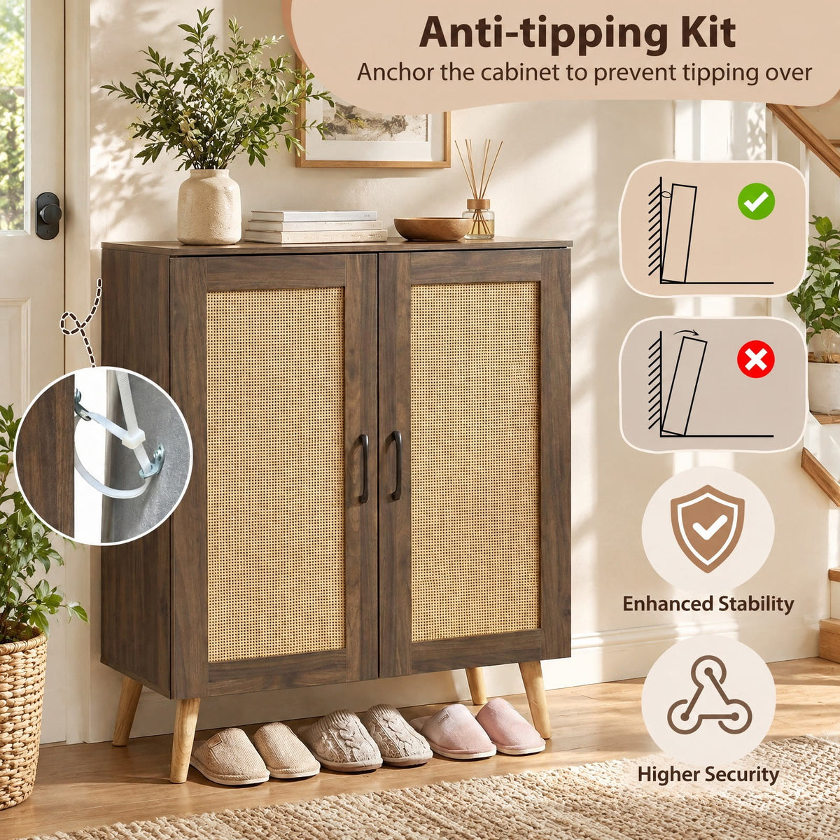 Airfind 5-Tier Rattan Shoe Cabinet with 3 Removable Shelves, 155 lbs Capacity, Engineered Wood Rattan Rubber Wood Frame, 29.5 x 14x 37 Footprint