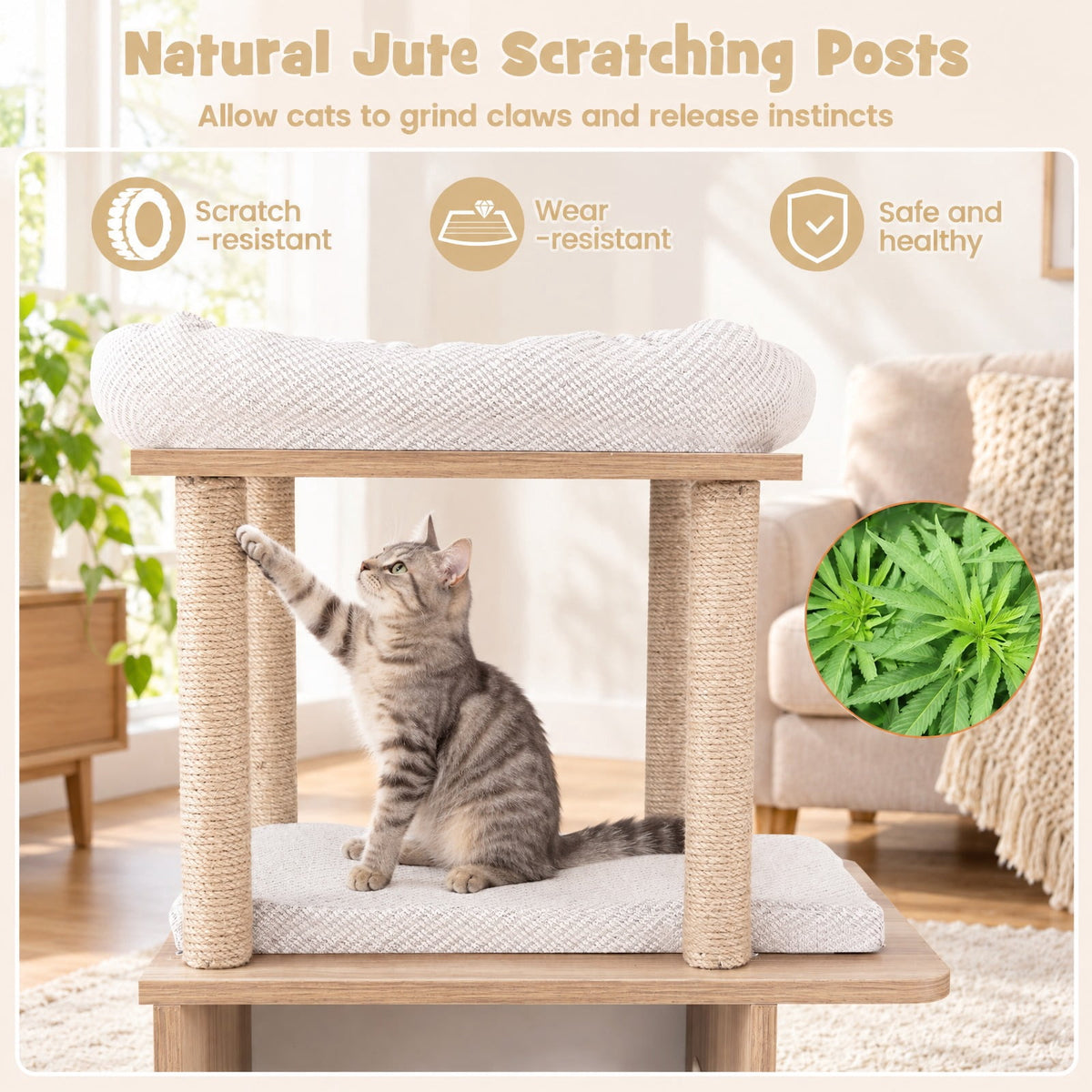 Airfind 47 Inches Wooden Cat Tree with 2-Story Cat Condo and Basketball Hoop Hammock, 31in x 15in x 47inTop Perch Footprint, Natural