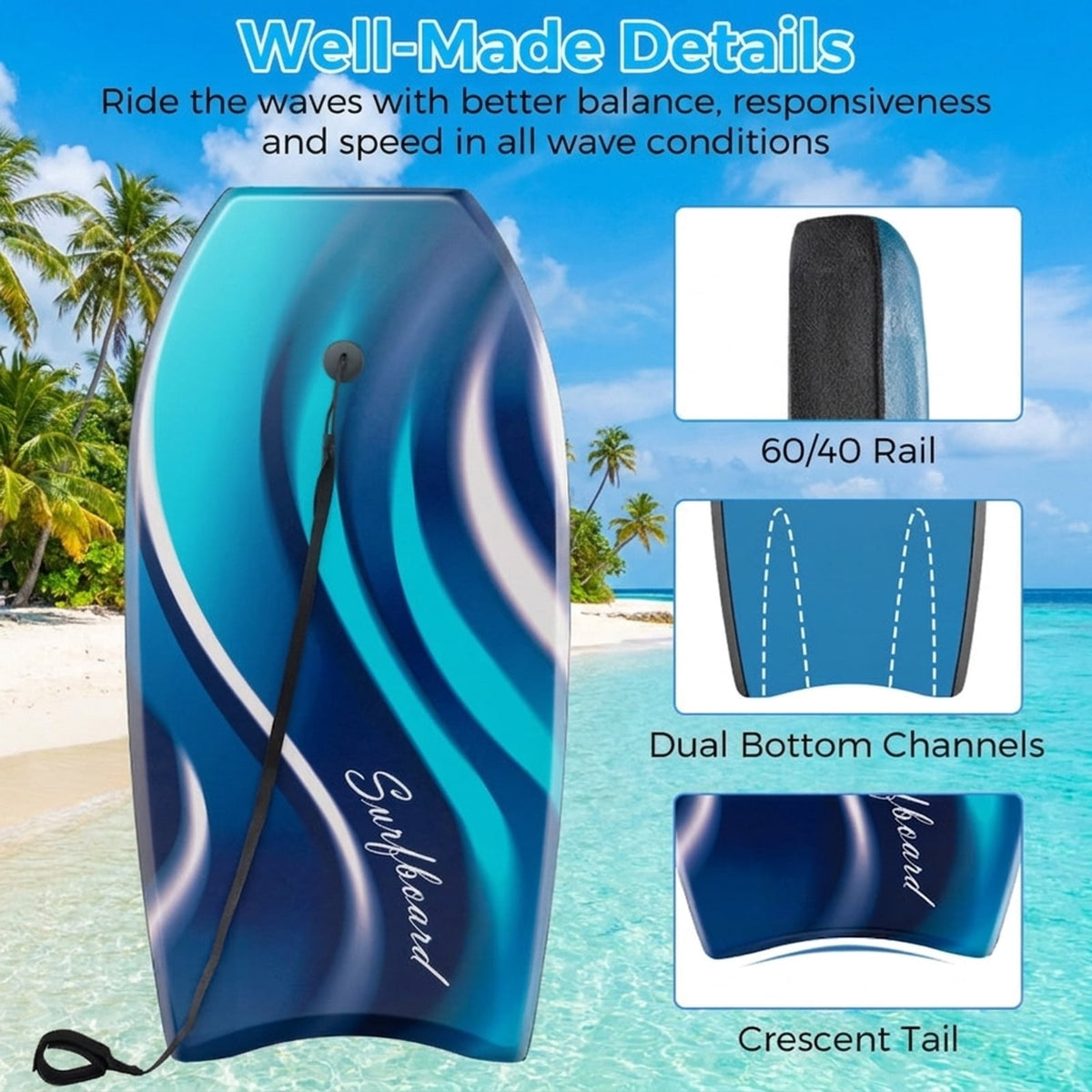 Airfind 33 Boogie Board with Tropical Reef Graphic Deck ¡ª EPS Core, XPE Top, HDPE Slick Bottom, Crescent Tail, Coiled Wrist Leash