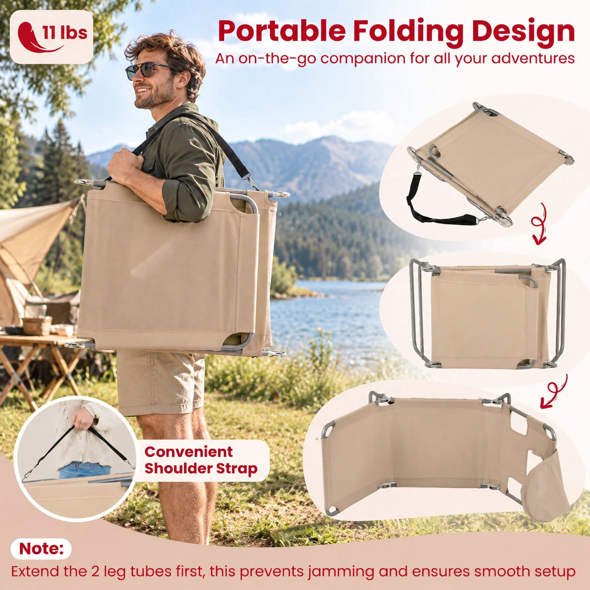Airfind Folding Beach Lounge Chair with Adjustable Backrest for Lawn, 330 lbs Capacity, Metal Oxford Fabric Polyester Sponge Frame, Beige