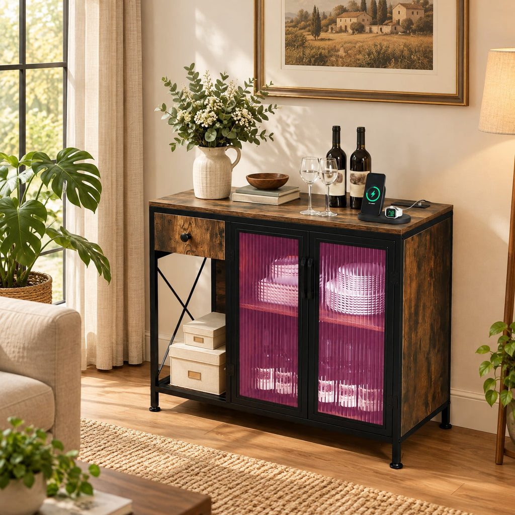 Airfind Buffet Sideboard with Doors, Power Outlets and LED Light, 110 lbs Capacity, Engineered Wood Cabinet for Dining Room, Brown