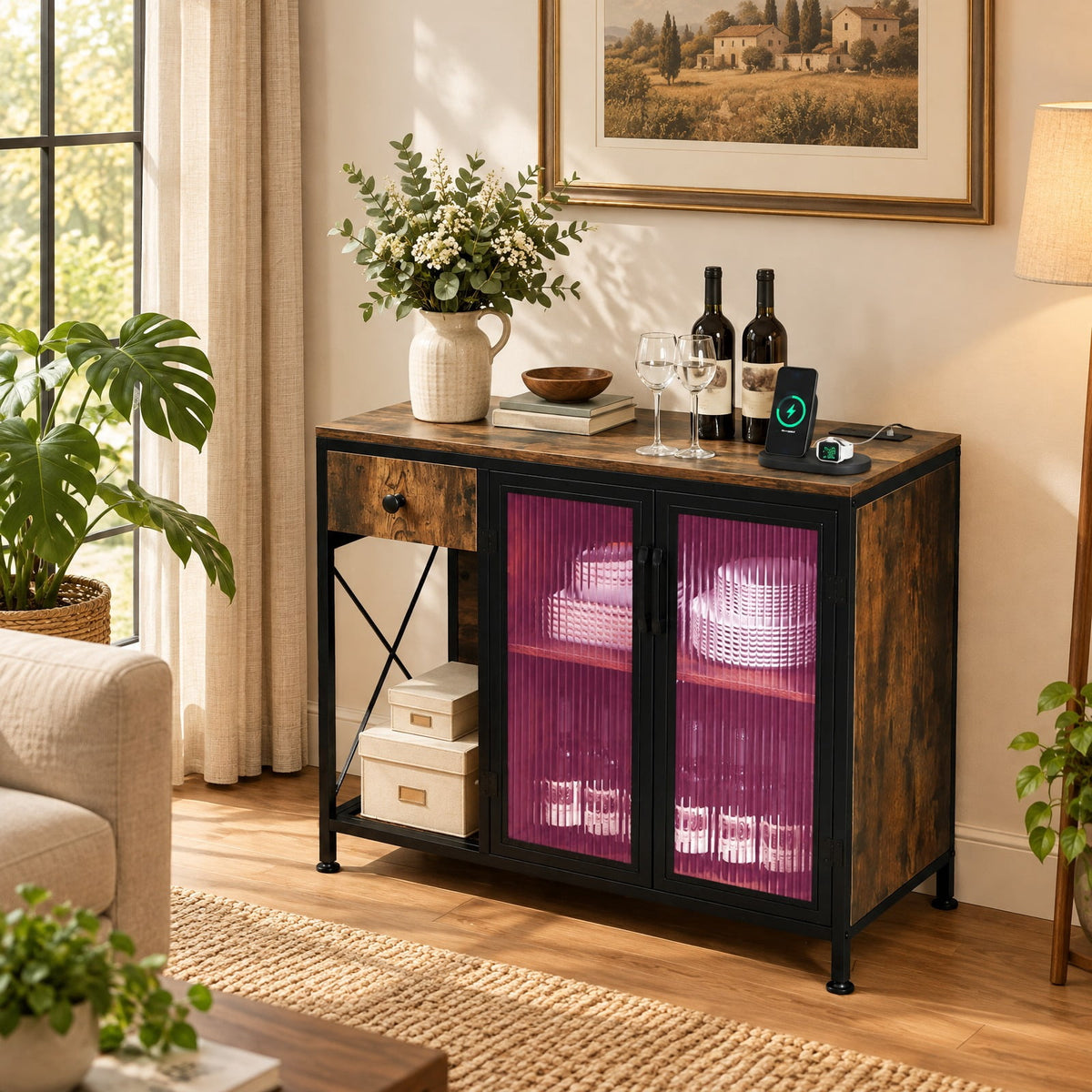 Airfind Buffet Sideboard with Doors, Power Outlets and LED Light, 110 lbs Capacity, Engineered Wood Cabinet for Dining Room, Brown