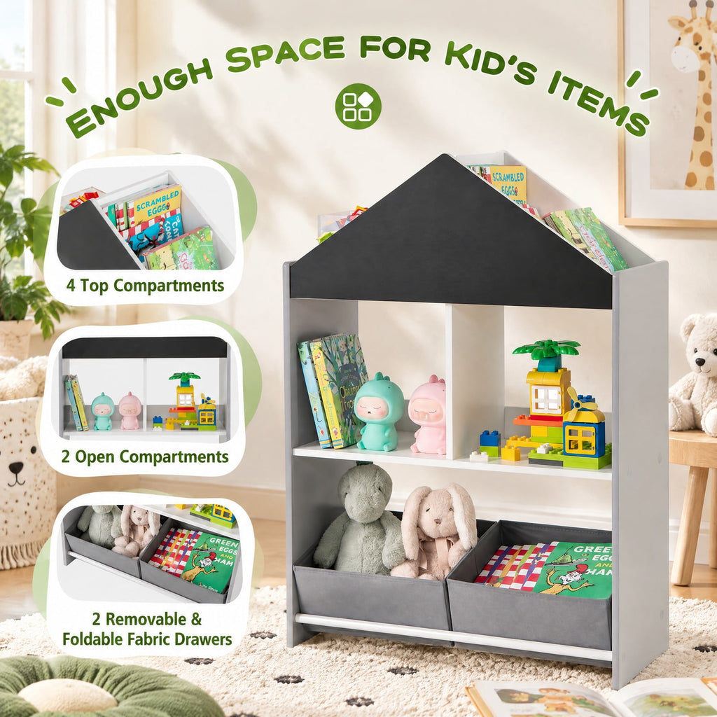 Airfind Playhouse Kids Bookshelf with Chalkboard and Whiteboard for 3-6 Years, MDF Metal Fabric Frame, Gray