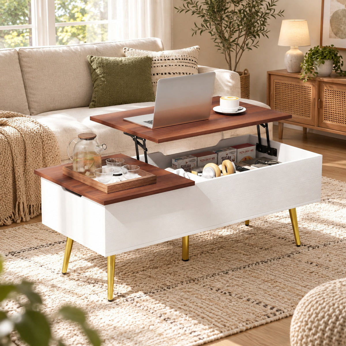 Airfind 47 Inch Lift Top Coffee Table with 2 Hidden Compartments, P2 Engineered Wood Solid Wood Steel Frame, Walnut