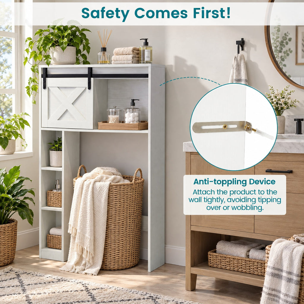 Airfind 4-Tier Over The Toilet Storage Cabinet with Sliding Barn Door and Storage Shelves, 154 lbs Capacity, Engineered Wood MDF Frame, White