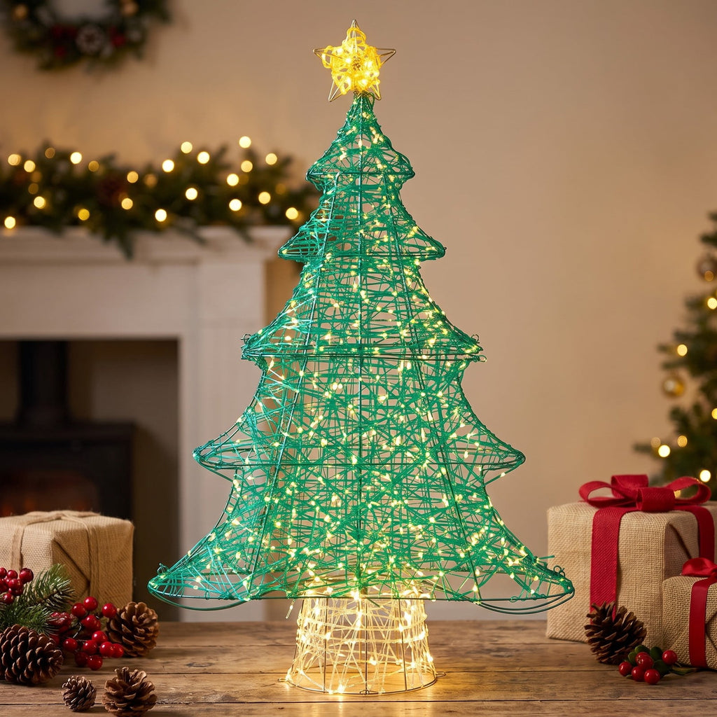 Airfind 4 Feet Lighted Artificial Christmas Tree with 520 LED Lights and Top Star, Metal Copper PVC Large Frame, Green and Yellow
