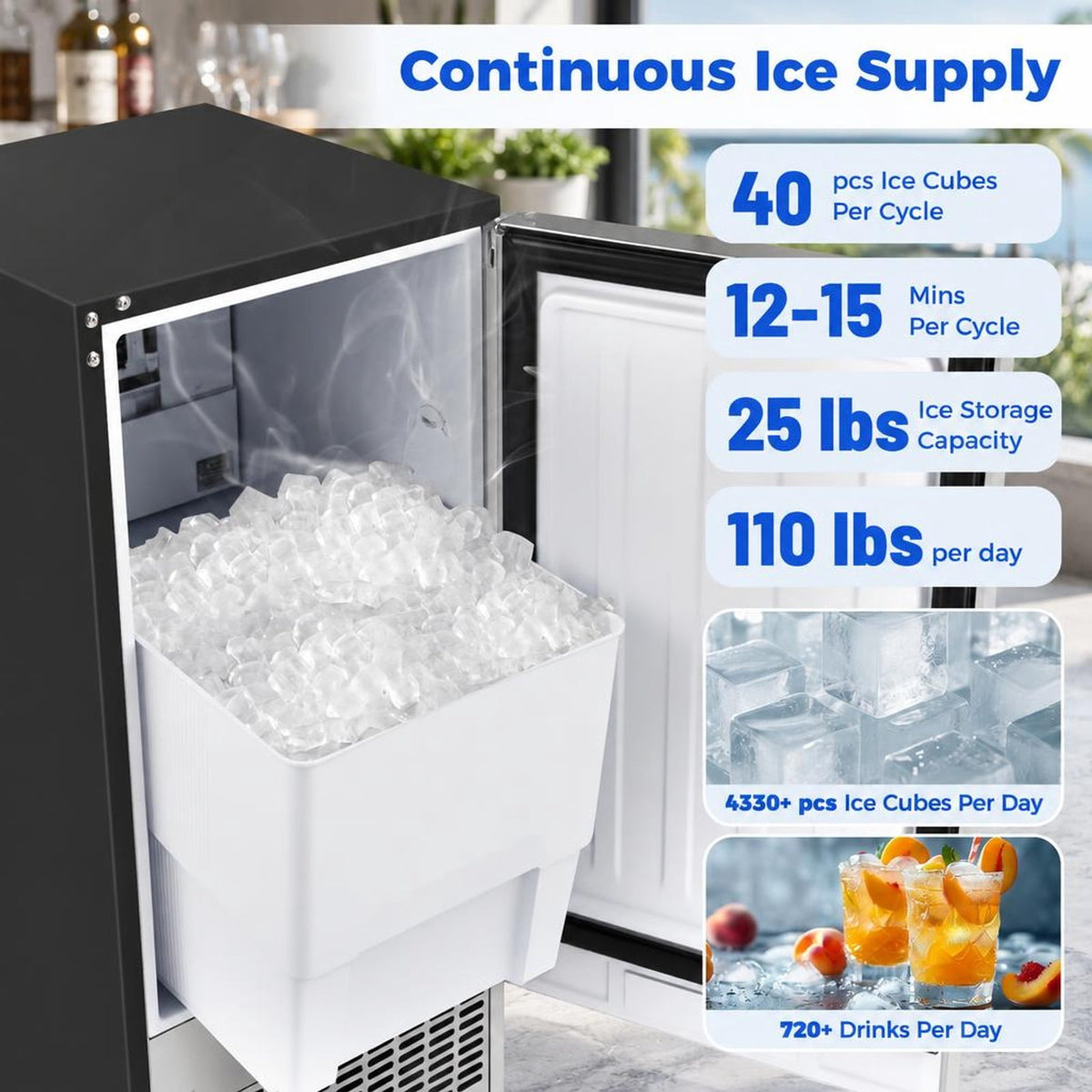 Airfind Commercial Ice Maker 110 lbs/24H Undercounter Ice Machine with 25 lbs Storage Capacity, Stainless Steel Galvanized Steel Frame, Silver