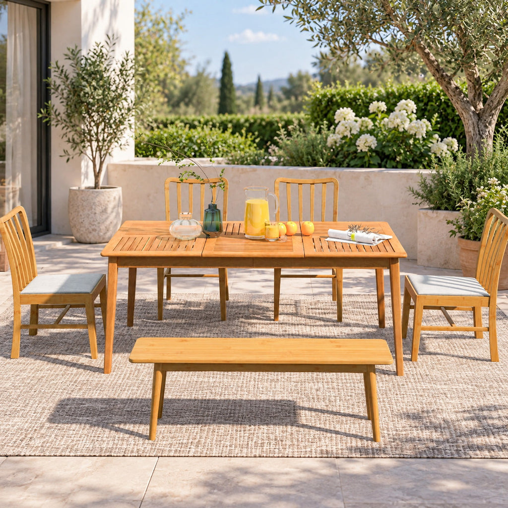 AIRFIND Patio Dining Table for Six with Acacia Wood Slatted Top, Umbrella Hole and Reinforced Frame, 67 x 35 x 30 in, Natural