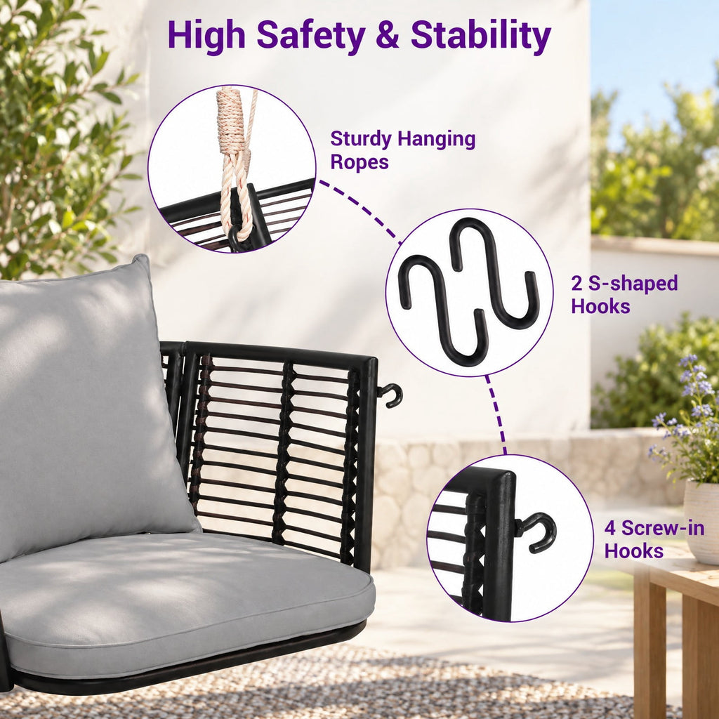 Airfind Single Person Hanging Seat with Woven Rattan Backrest for Backyard, 400 lbs Capacity, 30.5 x 24.5 x 15 Suitable Hanging Footprint, Gray