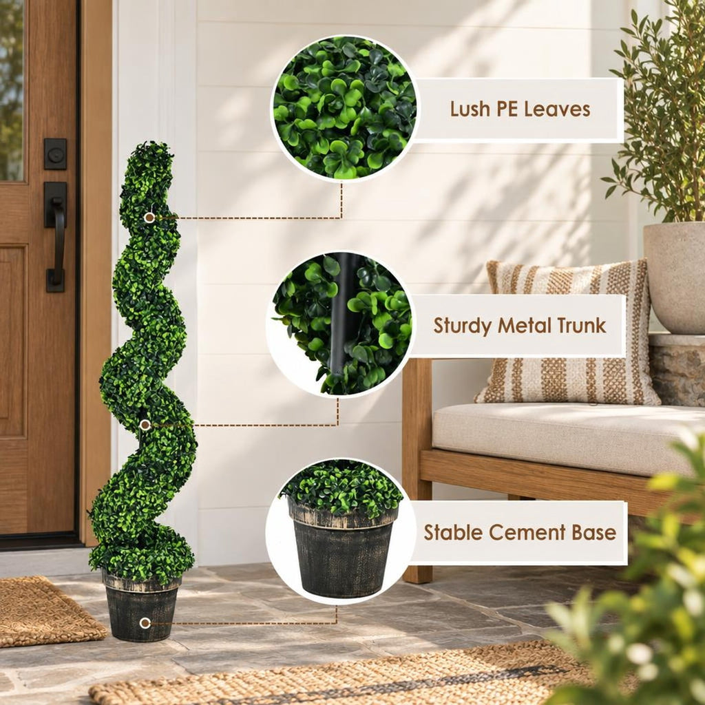 Airfind 2 Pack 4 Feet Artificial Spiral Boxwood Topiary Indoor Outdoor Decor, PE iron tube cement, 9.5 Inch x 9.5 Inch x 47 Inch (L x W x H) Pot