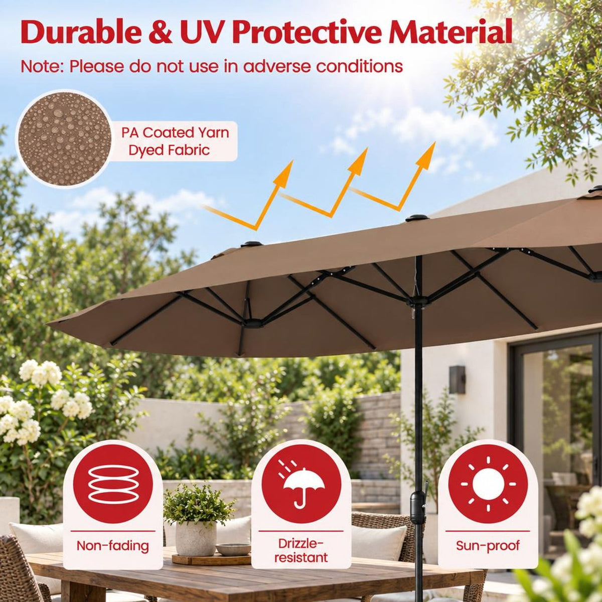 Airfind 13FT Double-sided Patio Twin Table Umbrella with Crank Handle, Metal 180g Yarn Dyed Fabric PA Coating Frame, Tan