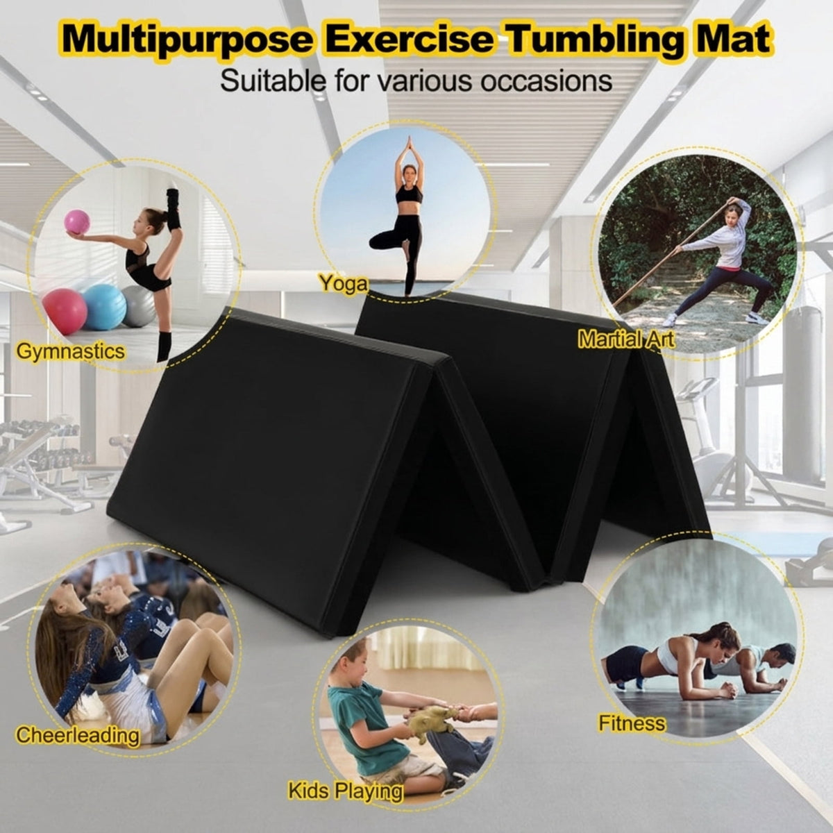 Airfind Folding Gymnastics Mat with Detachable Sweatproof PU Leather Cover and Carry Handles, Thick Foam Tumbling Exercise Mat, Black