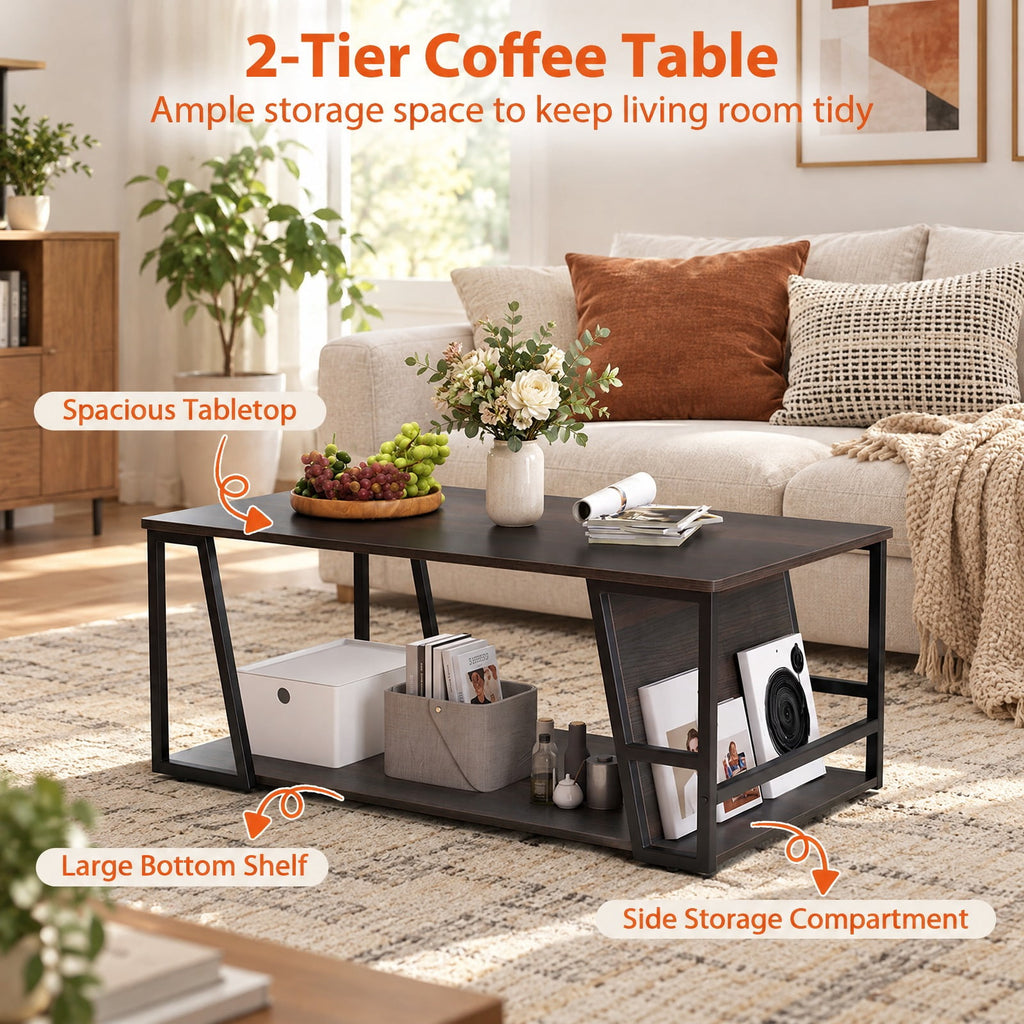Airfind Rectangle Coffee Table 2-tier Industrial Accent Table with Storage Shelf and Compartment, 176 lbs Capacity, Engineered Wood Metal Frame