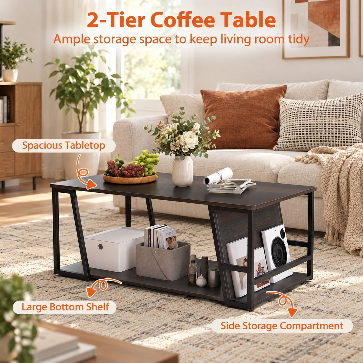 Airfind Rectangle Coffee Table 2-tier Industrial Accent Table with Storage Shelf and Compartment, 176 lbs Capacity, Engineered Wood Metal Frame