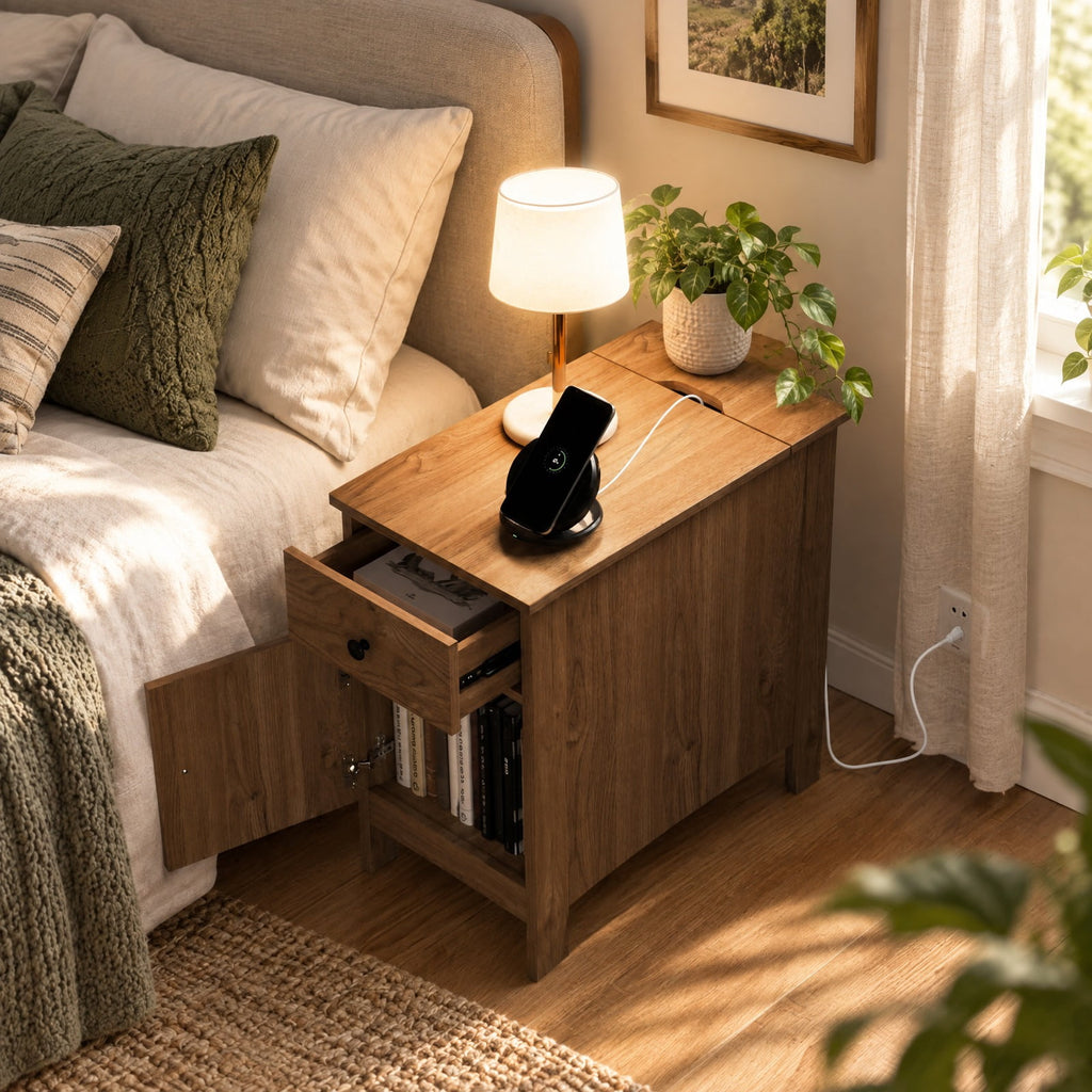 Airfind Flip Top End Table with Charging Station USB Ports Outlets and Drawer, 110 lbs Capacity, Engineered Wood MDF Frame, Natural