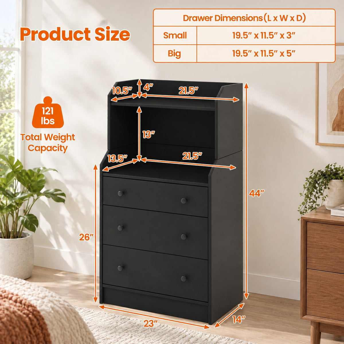 Airfind Modern Storage Dresser with Anti-toppling Device, 121 lbs Capacity, Engineered Wood Frame, 23 x 14 x 44 Footprint, Black