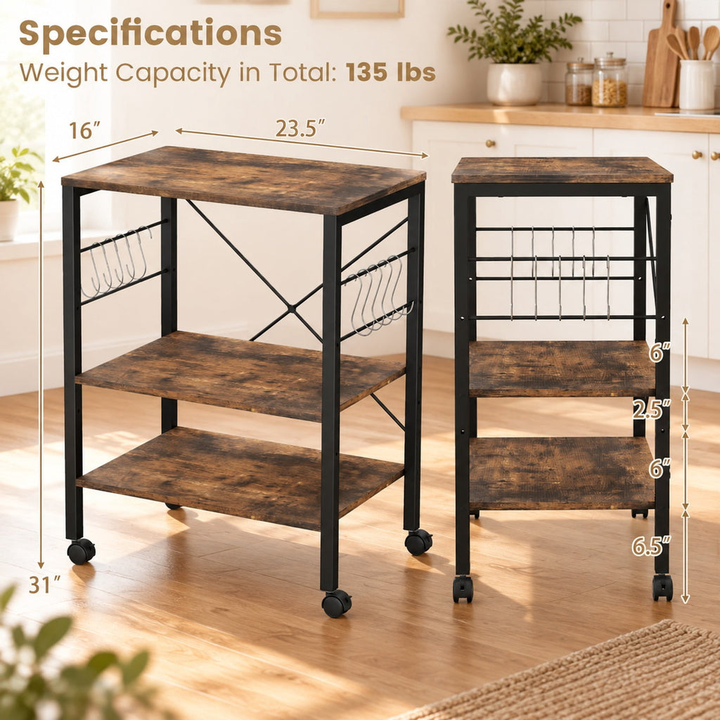 Airfind 3-Tier Kitchen Bakers Rack Microwave Oven Storage Cart with Hooks, 44 lbs Weight capacity of each shelf: 22 lbs Capacity, Iron Frame, Brown