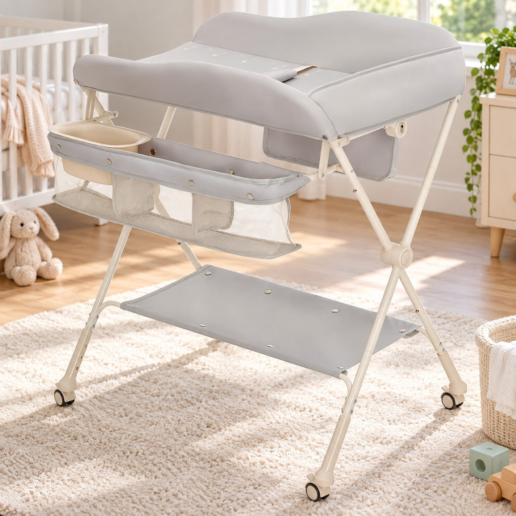 Airfind Baby Diaper Changing Table with Water Basin Wheel, 33 lbs Capacity, PP Frame, for 0-12 Months, 32.5x 27.5x 38-40 Footprint, Gray