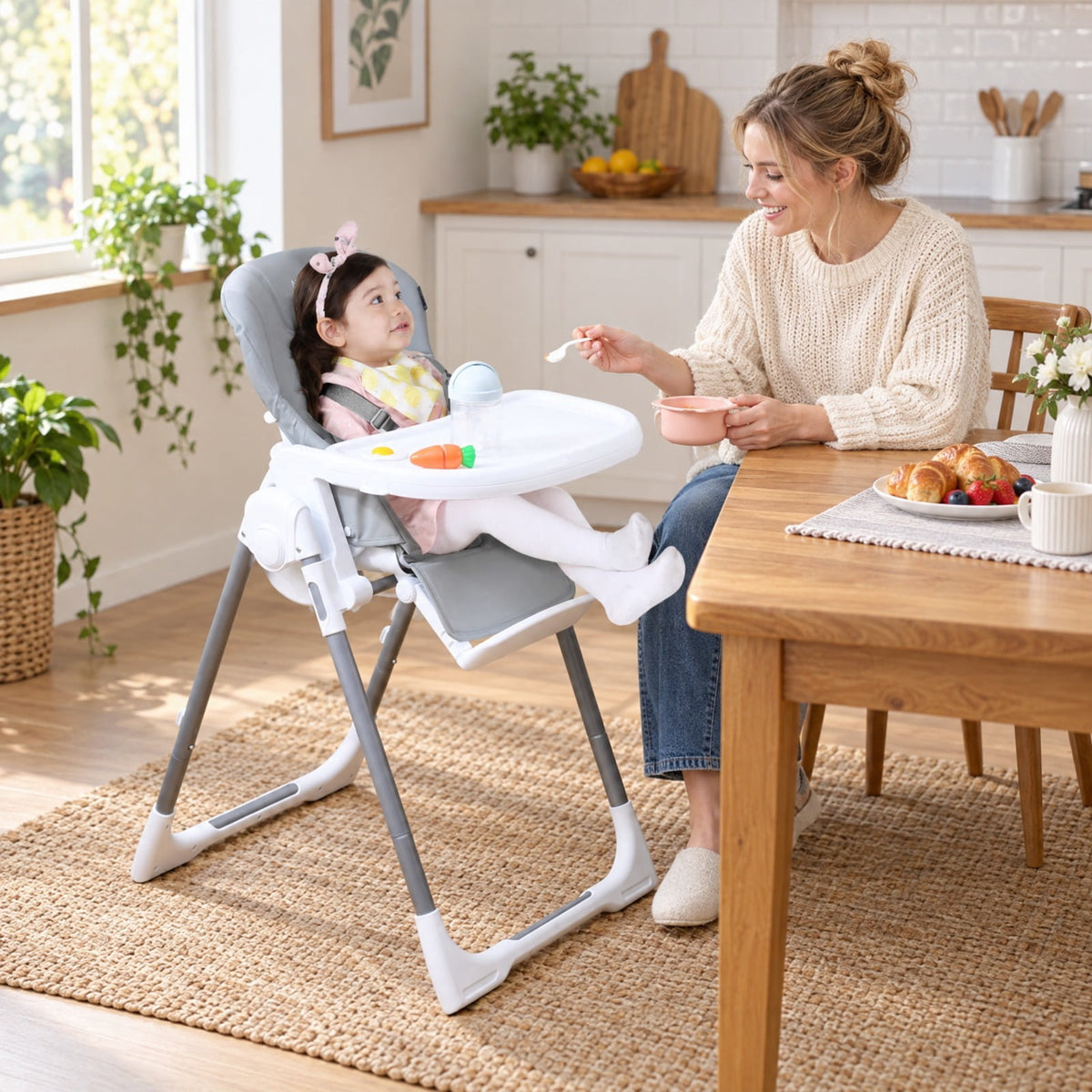Airfind Foldable Baby High Chair with Adjustable Height and Relining Seat, 15 kg Capacity, Metal PP PU Frame, for 6-36 Months, Light Gray