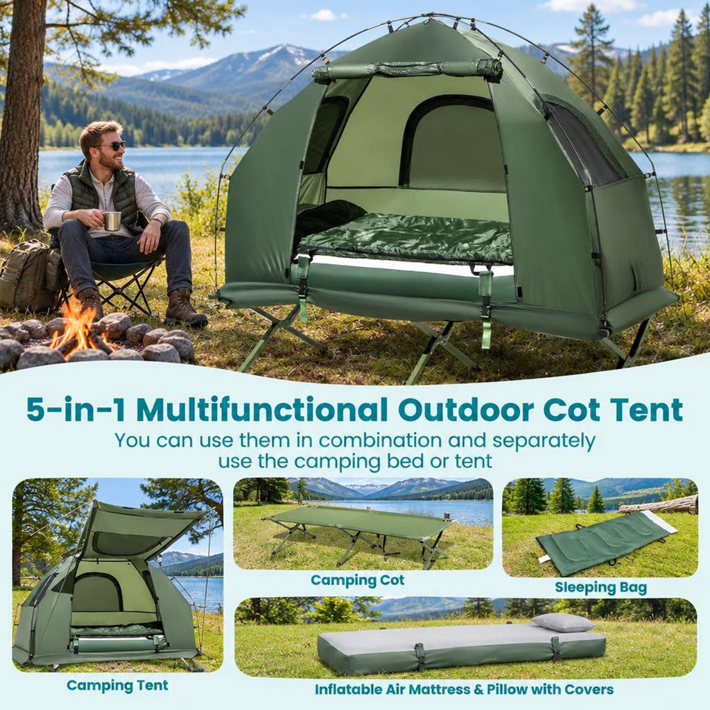 Airfind 1-Person Folding Camping Tent with Sunshade and Air Mattress, 300 lbs Capacity, 77 Inch x 35 Inch x 66 Inch Footprint, Green