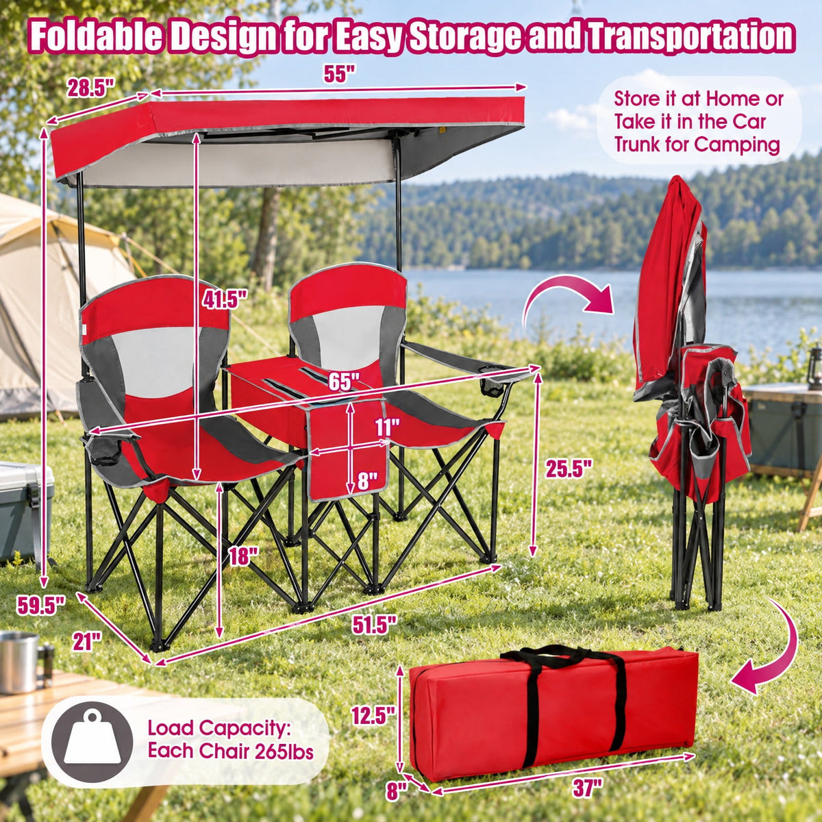 Airfind Patented Portable Folding Camping Canopy Chairs with Cup Holder, Steel oxford fabric Frame, 55.5 x 28.5 x 59.5 (L x W x H) The Footprint