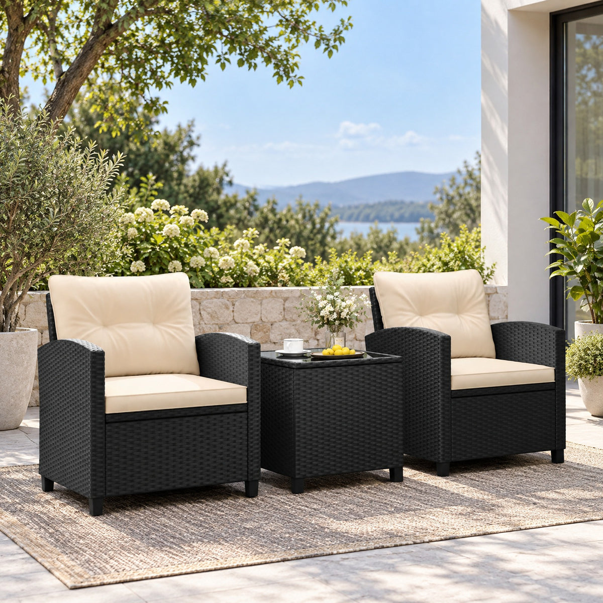 Airfind 3 Pieces Patio Furniture Set with Tempered Glass Coffee Table, 400 lbs Capacity, PE Rattan Metal Tempered Glass Polyester Sponge Frame