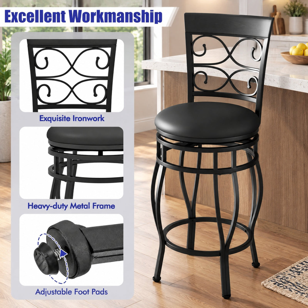 Airfind Set of 2 26 Inch Bar Stool with Backrest and Footrest, 300 Lbs Capacity, Metal PU Sponge, 19 Inch X 16.5 Inch X 45 Inch, Black
