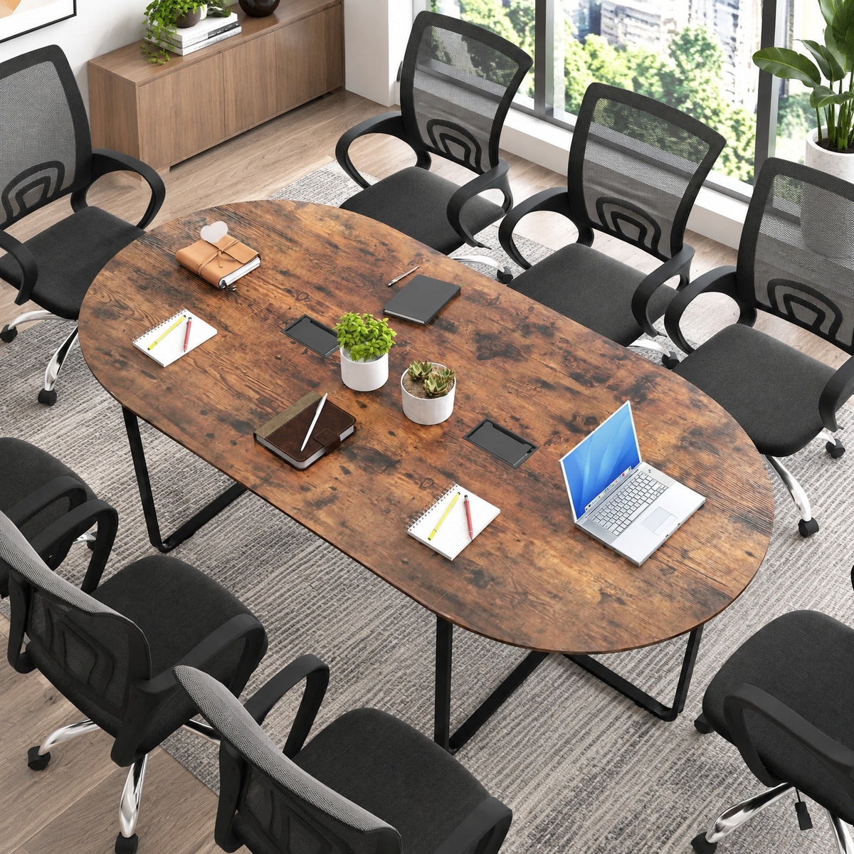 Airfind Oval Conference Industrial Executive, 95 Inches, Table with Dual Cable Holes, 265 lbs Capacity, Engineered Wood Metal Frame, Brown