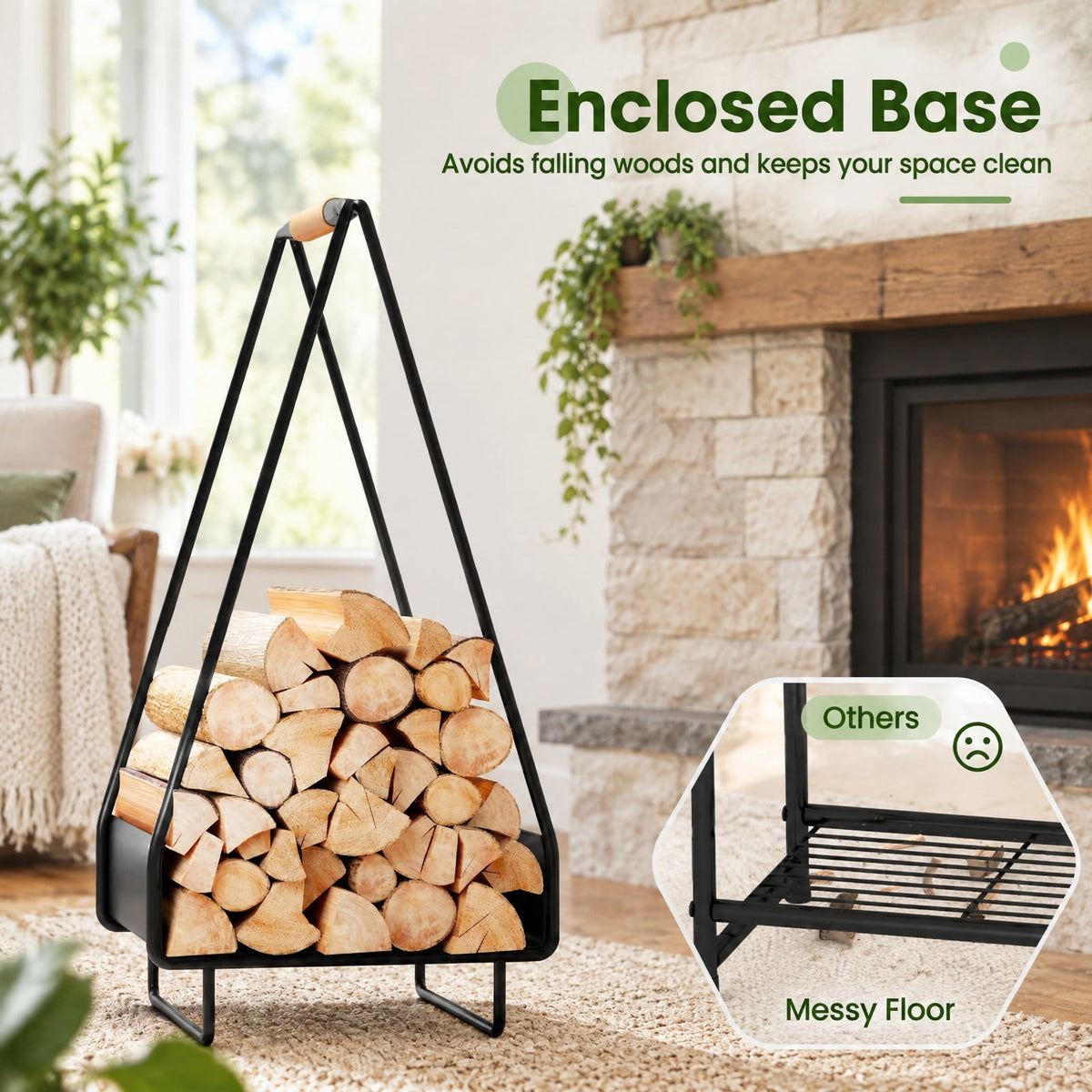 Airfind Firewood Storage Rack Heavy, 55 lbs Capacity, Metal Leather Frame, 12 Inch x 12 Inch x 24 Inch Footprint, Black