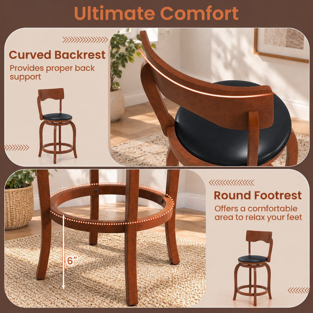Airfind Swivel Bar Stools Set of 2 with Rubber Wood Frame and Upholstered Seat-24 Inch, 286 lbs Capacity, Rubber Wood Sponge PVC Frame, Wood