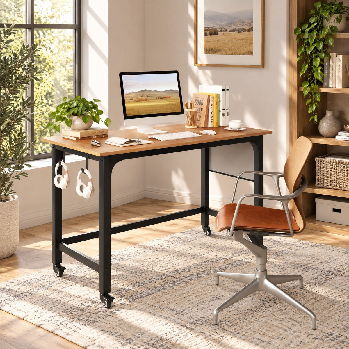 Airfind 48 Inch Rolling Computer Desk with Heavy-duty Metal Frame for Home and Office, 220 lbs Capacity, Engineered Wood Metal Frame, Natural