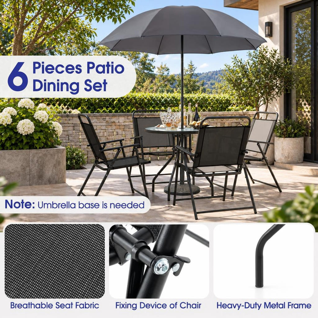 Airfind 6 Pieces Patio Dining Set Folding Chairs Glass Table Tilt Umbrella for Garden, 110 lbs Capacity, Steel fabric tempered glass Frame, Grey