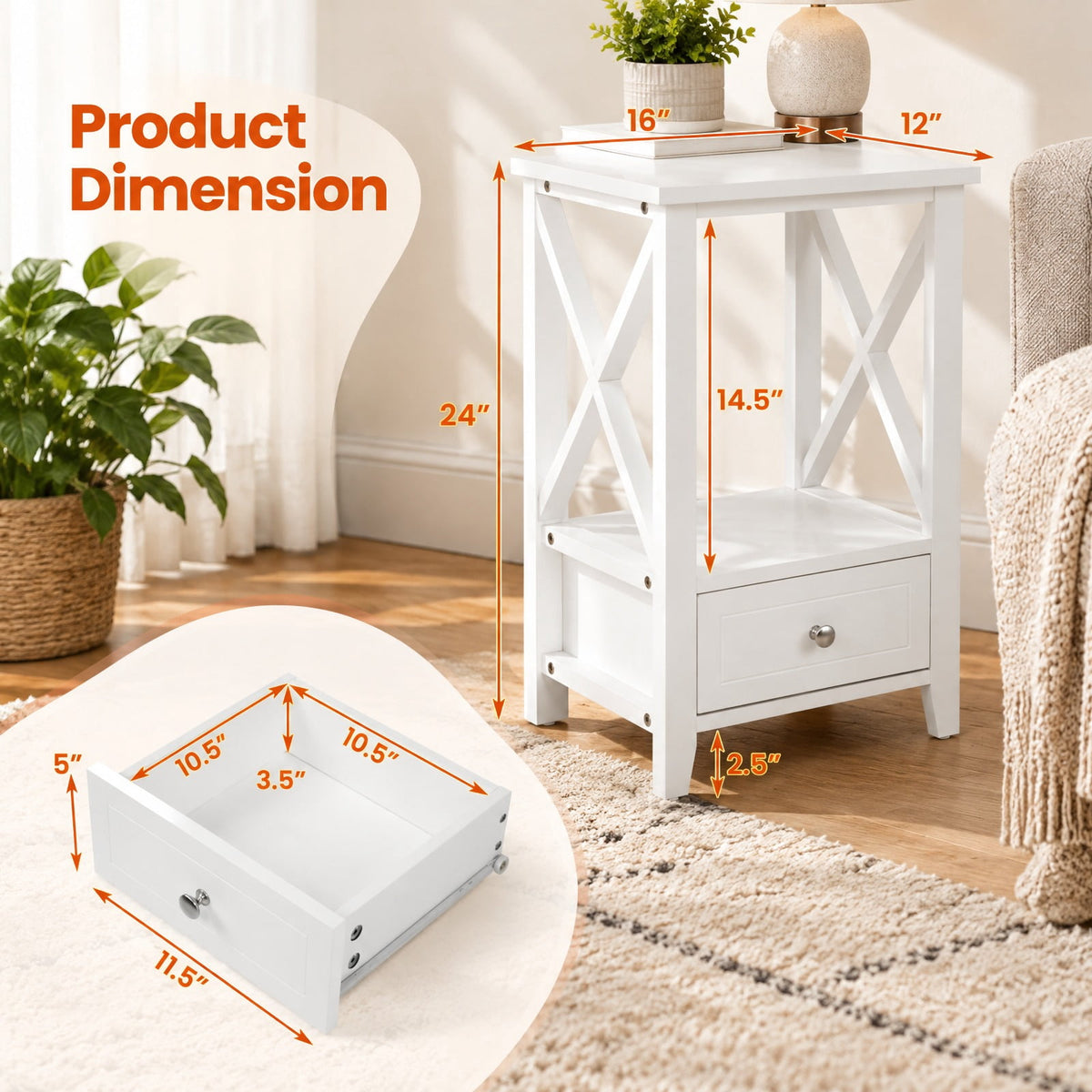 Airfind 2-Tier 16 x 14 Inch Multifunctional Nightstand with Storage Drawer, 66 lbs Capacity, MDF Frame, 16in x 12in x 24in (L x W x H) Drawer Footprint