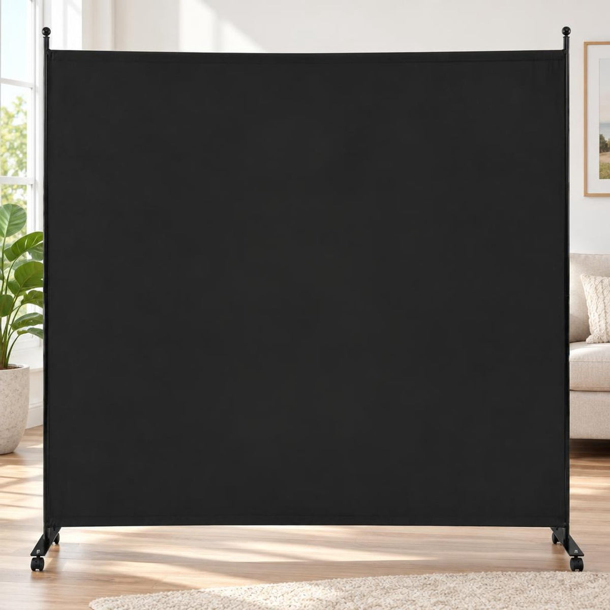 Airfind 6 Feet Single Panel Rolling Room Divider with Smooth Wheels, Metal polyester Frame, 73 x 12 x 73 Footprint, Black