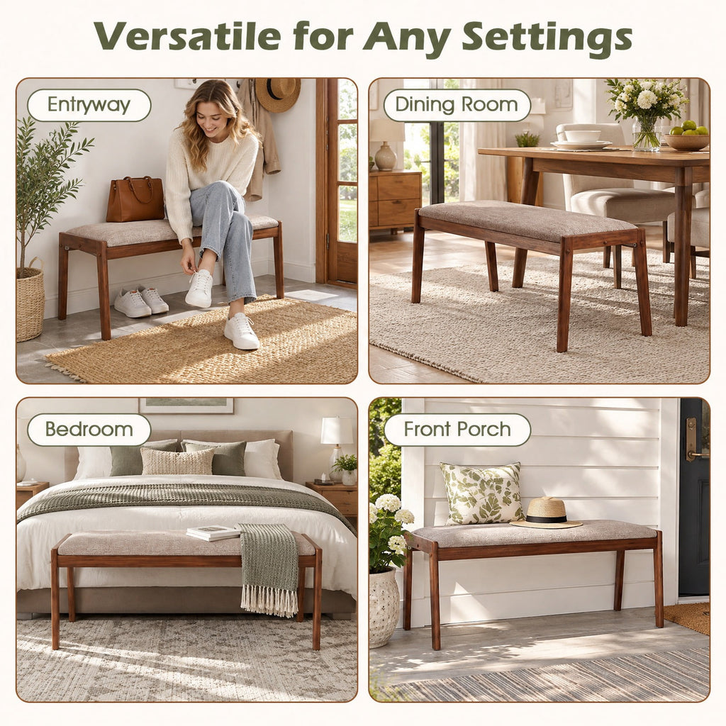 Airfind 45 Inch Farmhouse Backless Bench with Rubber Wood Legs and Fabric Padded Seat, 400 lbs Capacity, 45 x 17 x 19 Footprint, Beige
