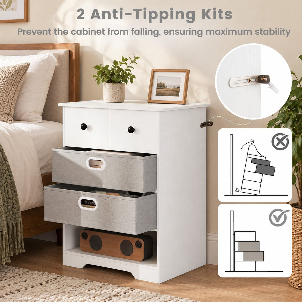 Airfind 4-Drawer Dresser Modern Chest Storage Organizer with Open Shelves, 100 lbs Capacity, Engineered Wood MDF Fabric Frame, White