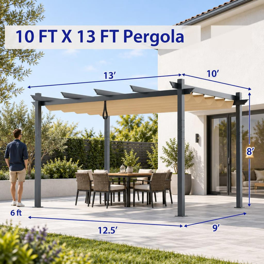Airfind 10 x 13 Feet Outdoor Aluminum Retractable Pergola Canopy Shelter, 13 x 10 x 8 Base Footprint, Beige