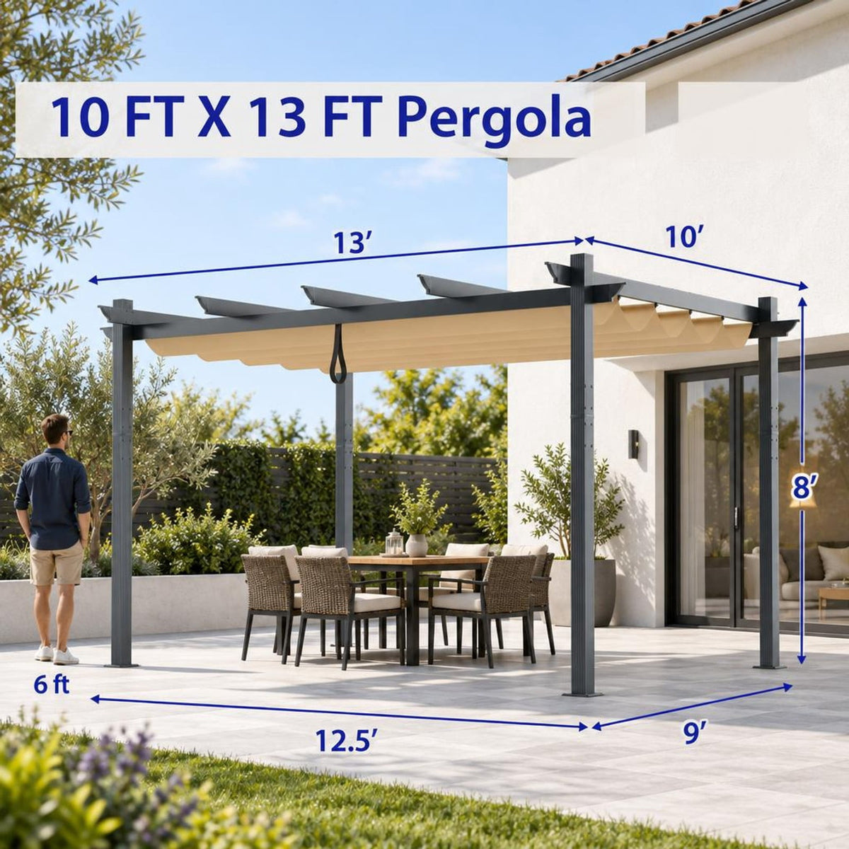 Airfind 10 x 13 Feet Outdoor Aluminum Retractable Pergola Canopy Shelter, 13 x 10 x 8 Base Footprint, Beige