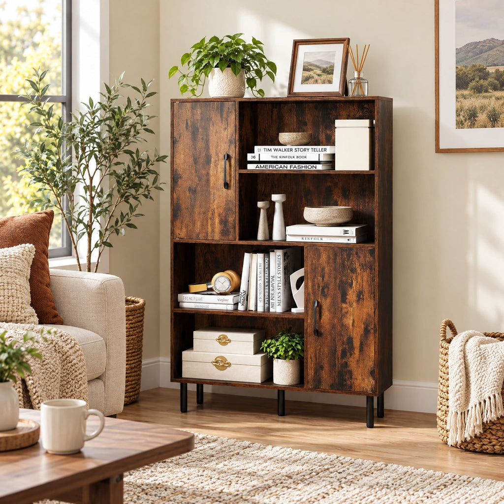 Airfind 47 Inch Storage Cabinet Freestanding Bookcase with 2 Doors and 4 Open Shelves, 176 lbs Capacity, Engineered Wood MDF Metal Frame, Brown