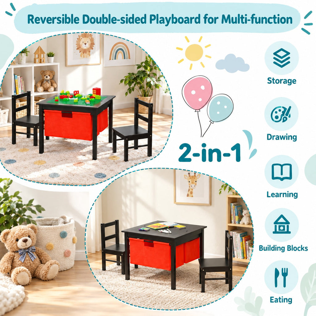 Airfind Youth Activity Table, 2-in-1, and 2 Chairs Set with Storage Building Block Table, 200 lbs Capacity, MDF Non-woven fabric Frame, for 3-8, White