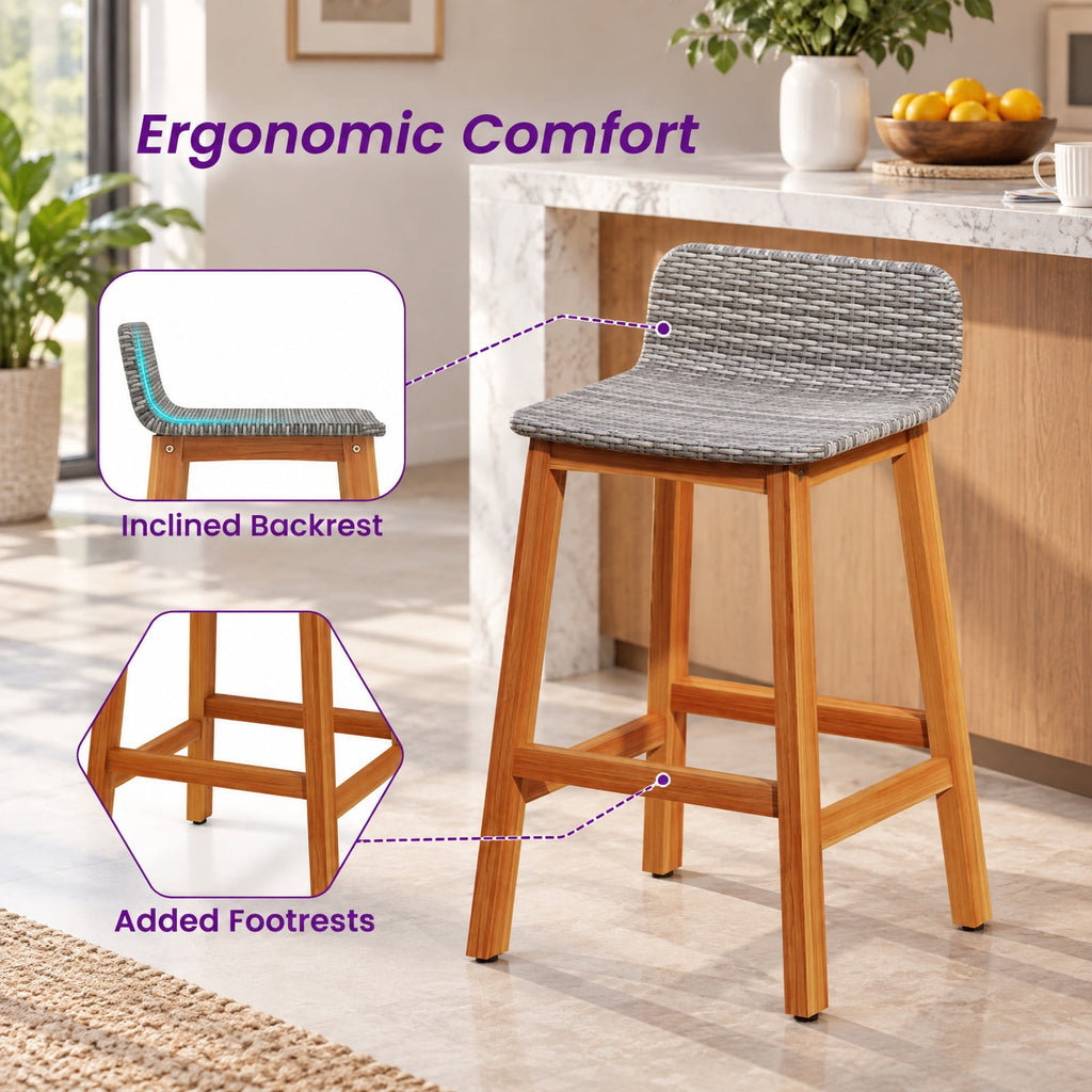 Airfind Solid Acacia Wood Bar Stools Set of 2 with Backrests and Footrests for Porch, Acacia Wood PE Rattan Frame, Gray