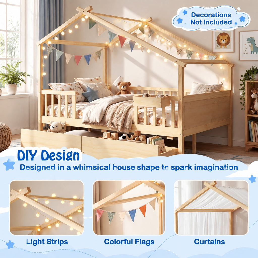 Airfind Full Size House Bed with Roof and Fence Rails for Kid, 550 lbs Capacity, Pine Wood Plywood MDF Engineered Wood Frame, Natural