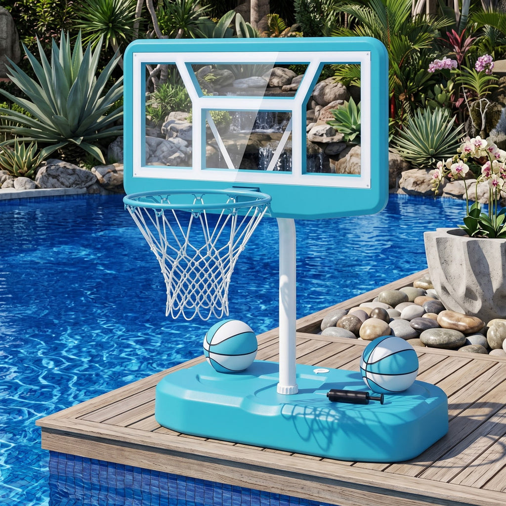 Airfind Pool Basketball Hoop Set with 2 Balls and Inflation Pump, Poolside Water Basketball Game with Weighted Base and Shatterproof Backboard for Indoor Outdoor, Blue