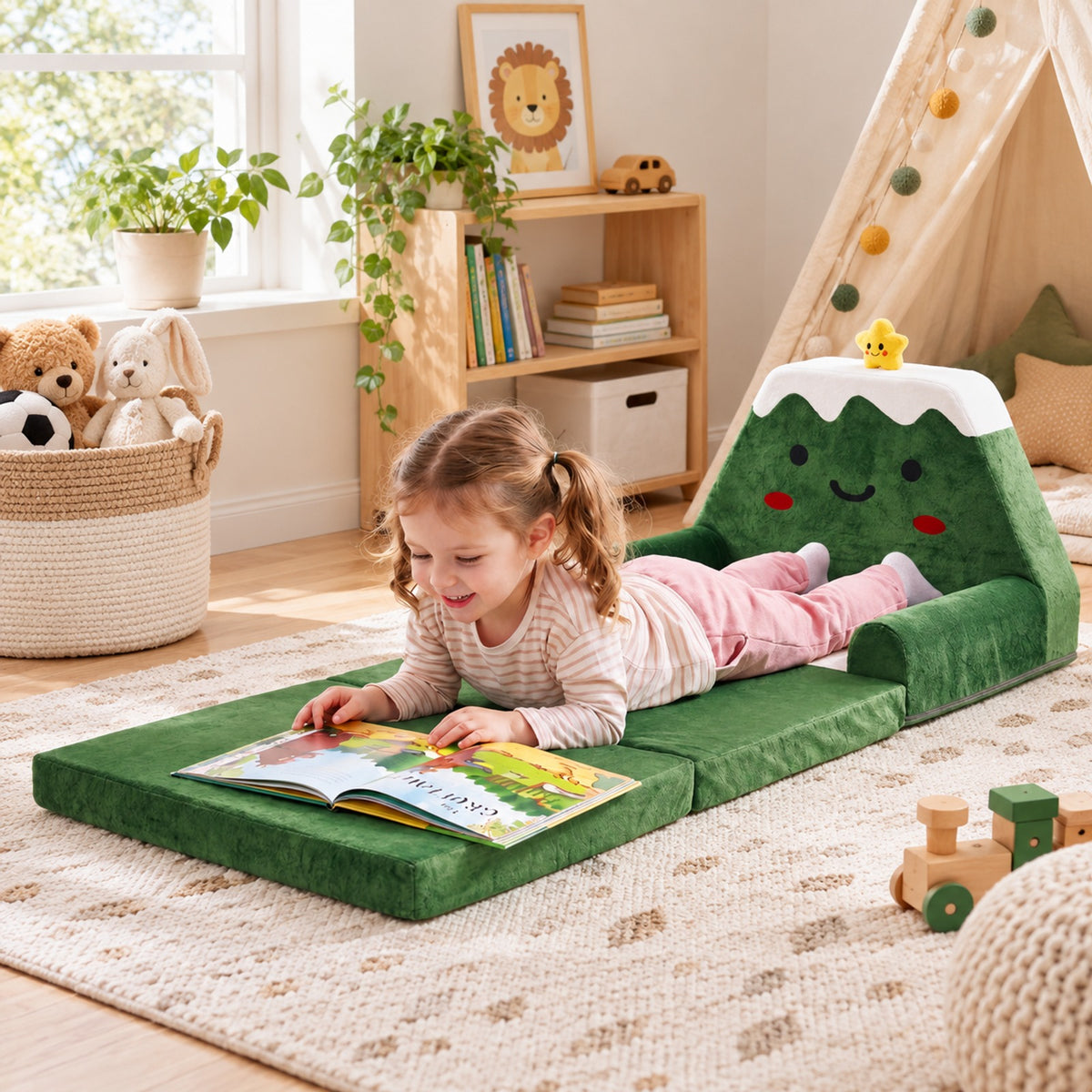 Airfind 2-in-1 Convertible Kids Sofa to Lounger with Christmas Patterns, Ultra-soft Fabric Sponge Frame, for 18-36 Months Old, Green